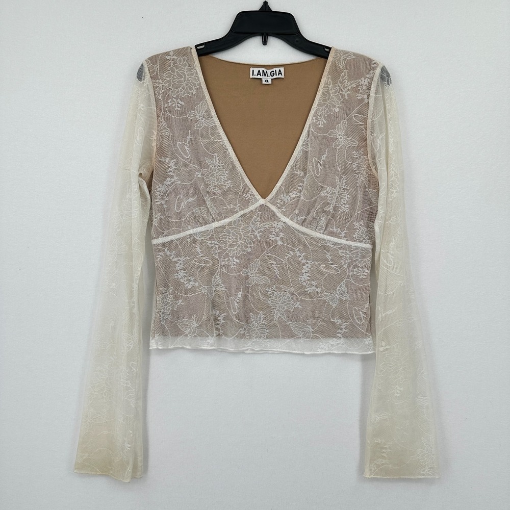 I. AM. GIA White Tan Lace Mesh V-Neck Long Sleeve‎ Top SZ XL Boho Y2K Flaws